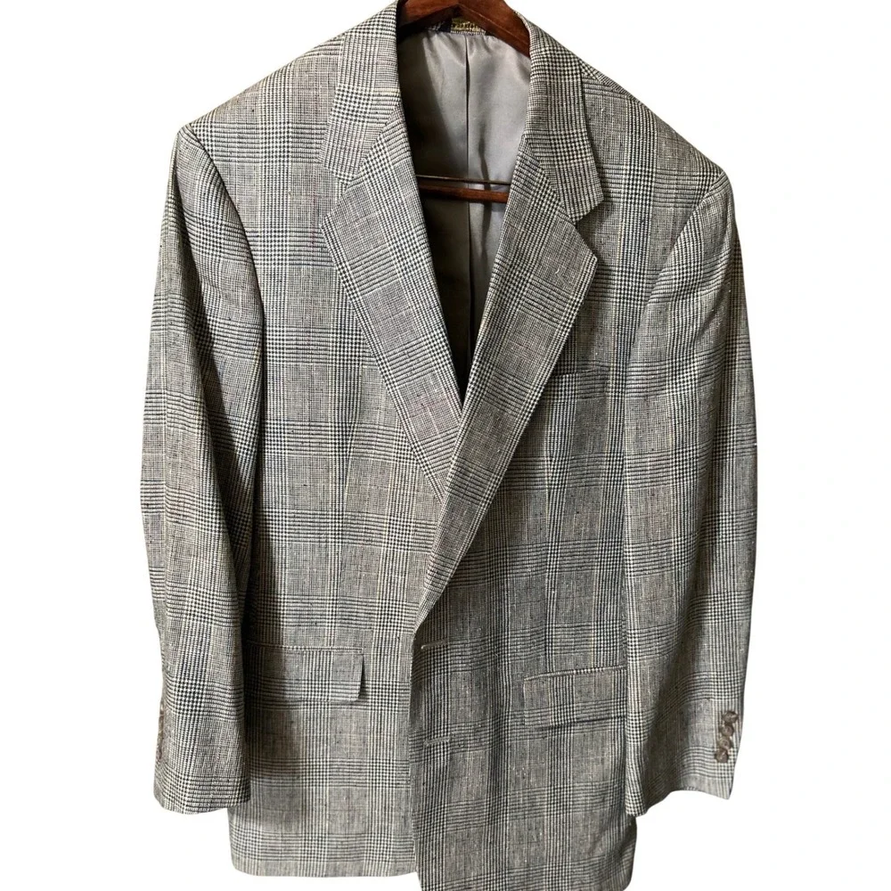 Austin Reed London Mens 100% Silk Glen Plaid Blazer Sport Coat Grey Tan 42R 44R